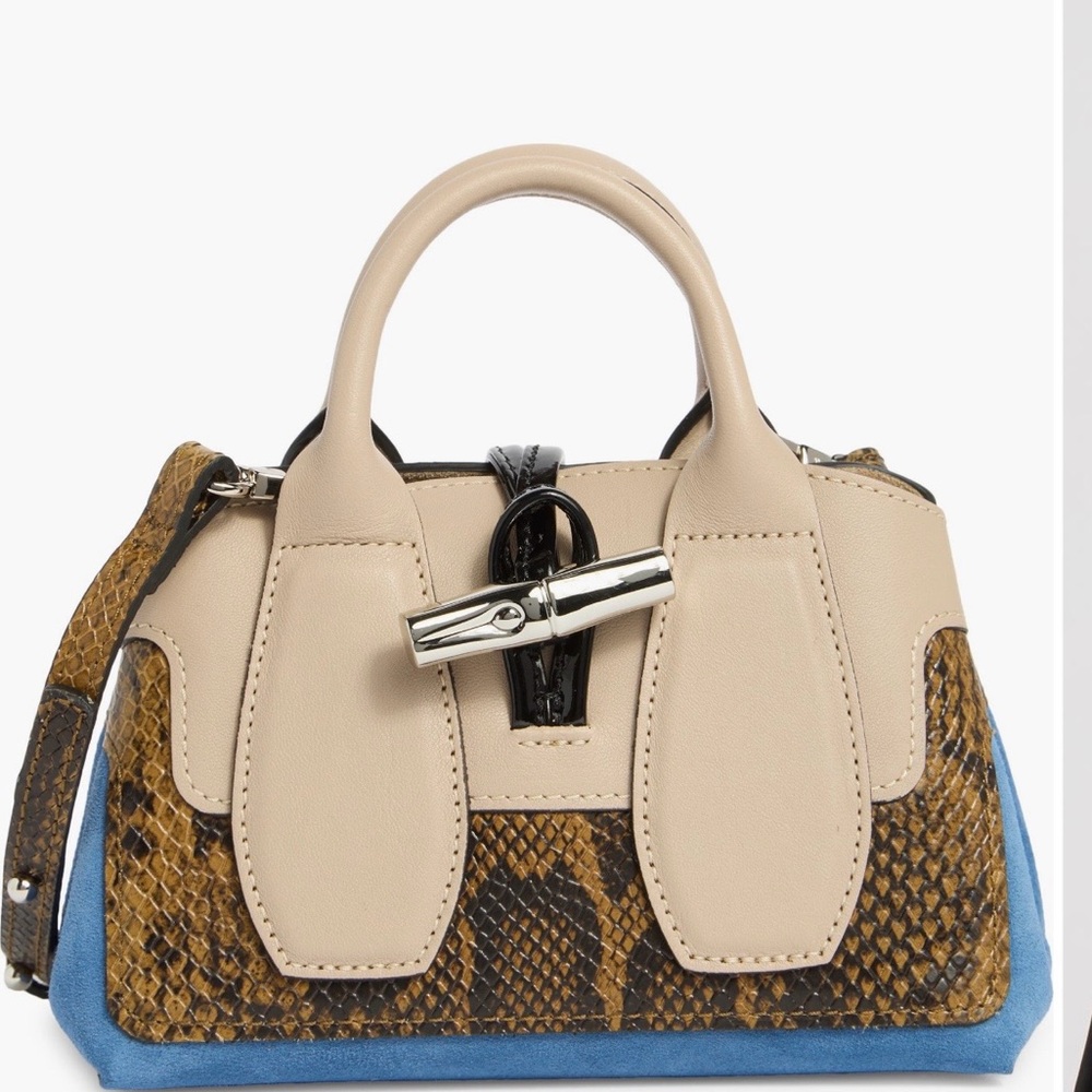 Longchamp Beige Snake Print Blue Accent Crossbody Bag NWT